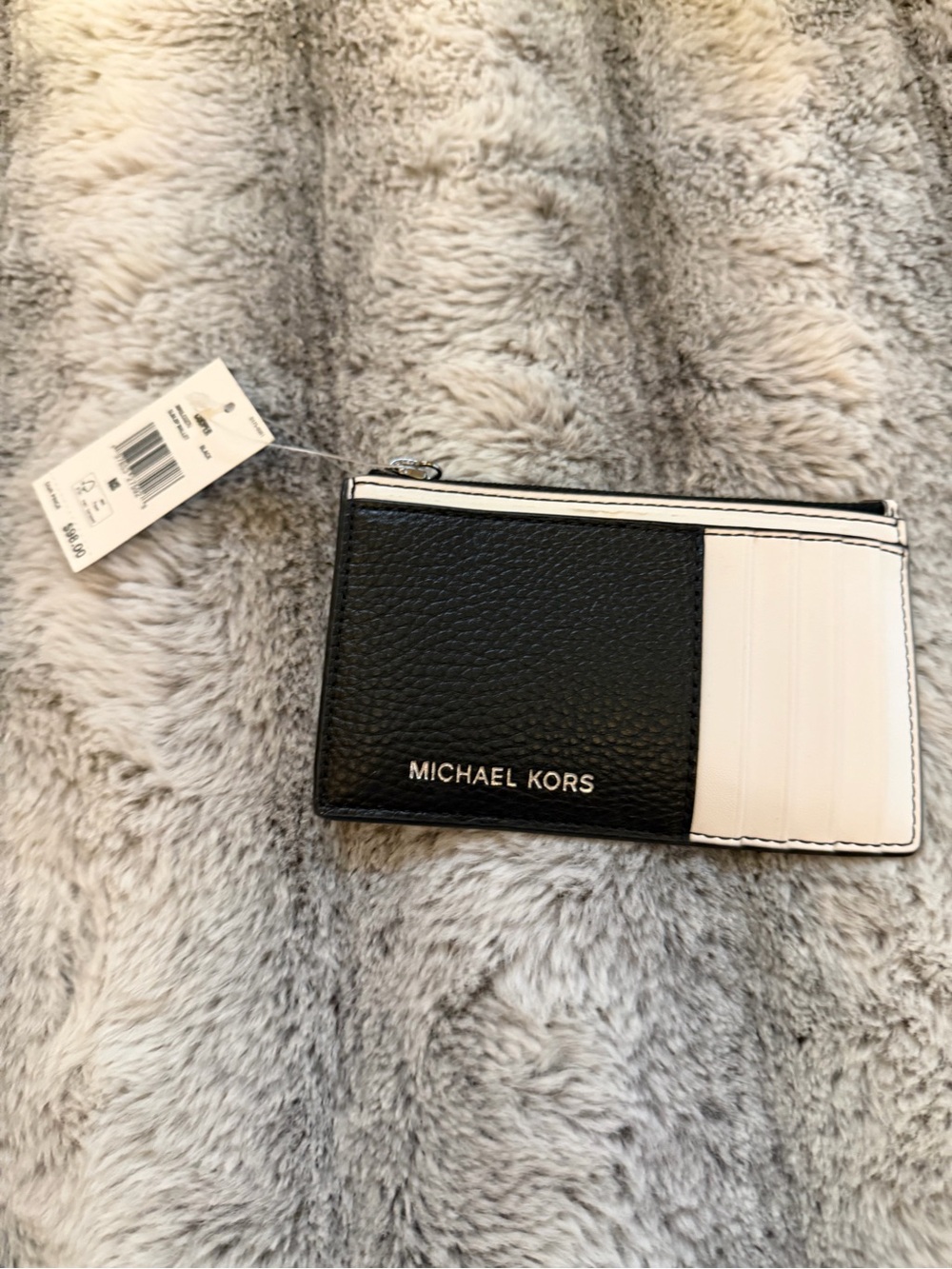 NWT Michael Kors Black & White Leather Zip Card Case Wallet $98